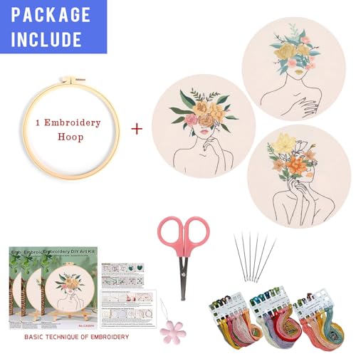 EOBTAIN 3 Pcs Embroidery Kit for Beginners Adults Boho Floral Hand Stamped Embroidery Satrter Kits DIY Cross Stitch Kits with Embroidery Hoop,Needles and Threads,Gifts for Woman at Home Embroidery Kit - color: Girl
