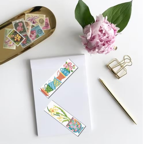 FREEBLOSS 6PCS Cross Stitch Bookmark Kit Tea Cup Pattern Cross Stitch Bookmarks Kit for Beginner DIY Stamped Embroidery Bookmark Kit DIY Bookmarks Cross Stitch Kits for Beginners - style: Tea cup flowers