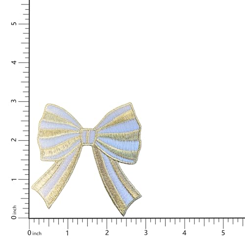 Gold Striped Bow Patch, 2-Pack, 3" x 3", Embroidered Iron-On for Hats, Bags, Jackets - color: Striped Bow - Gold