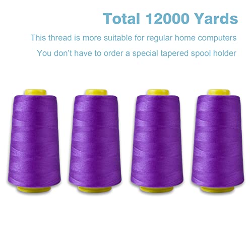 Purple Serger Thread All-Purpose for Sewing, Polyester, 4 Cones of 3000 Yards Each Spool Thread for Sewing Machine - color: 4 Purple