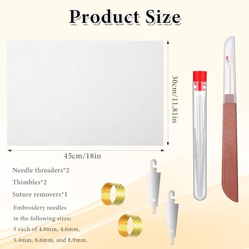 Needlepoint Canvas (18" x 12"), Blank White Embroidery Mesh Fabric Cloth with 25 Needles, 2 Threaders, Seam Ripper - Starter Kit for Cross Stitch, Knit & Crochet Projects and Make Dividers, 14 Mesh