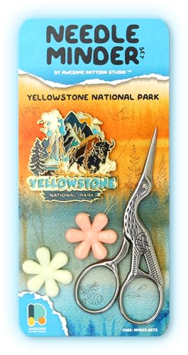 Awesome Pattern Studio Needle Minder Set - Yellowstone Magnetic Needle Minder + 2 Needle Threaders + Crane Scissors. Enamel Pin for Cross Stitch, Embroidery and Craft - size: Yellowstone Modern Design - SET #2