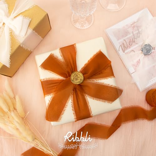 Ribbli Fall Chiffon Ribbon 1.5 inch x 30 Yard Handmade Silk, Cream/Beige/Terracotta Fringe Chiffon Ribbon for Wedding Invitations, Bridal Bouquets Wrapping, Flower Arrangement Decoration - color: Cream/Beige/Terracotta