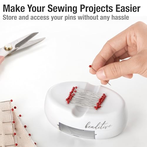 Beaditive Magnetic Pin Cushion with Drawer - Strong Magnet Pin Holder Cushions for Sewing - 50 Glass Head Quilting Pins Included - Chic Pincushion Caddy for Sewing Pins, Paper Clips, Screws – White - color: White