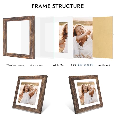 Hongkee 6x6 Picture Frame with Real Glass Wood Frame, 1 Pack (with Mat 4x4) - color: Rustic Brown, size: 6X6 in