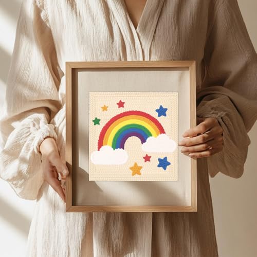 Doodlream Rainbow Star DIY Punch Needle Embroidery Kit for Adult Beginner, 9.4" Rainbow Punch Stitching Craft Set for Starter with Frame, Fabric Pattern, Threader, Yarn, Pinch Needle - color: Rainbow