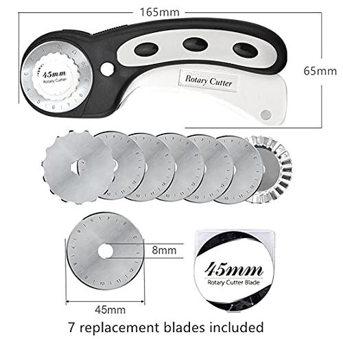 45mm Rotary Cutter with 7pcs Replacement Blades, Ergonomic Handle Rolling Cutter with Safety Lock for Fabric, Leather, paper, Crafting, sewing, Quilting, Perfect for Left & Right Hand(Black) - color: Black, size: 45mm