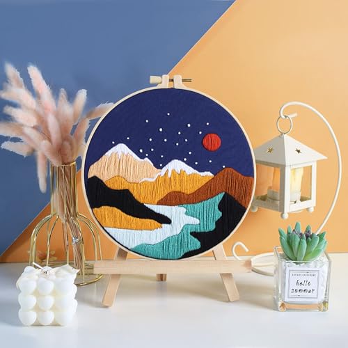 GLTAYLMY 3 Set Landscape Embroidery Kits for Beginners with Mountain Sun Moon Pattern,Adults Starter Cross Stitch Kit DIY Needlepoint Kits - color: Landscaping2