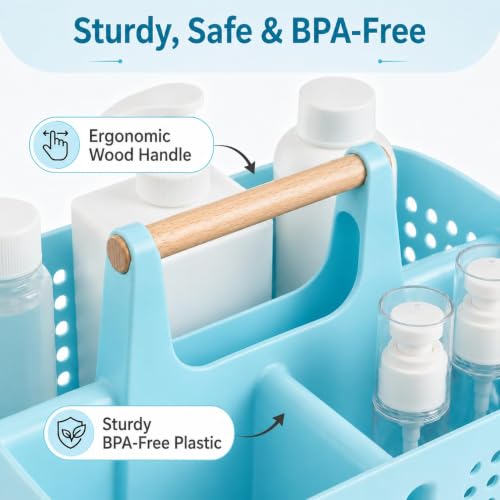 Portable Shower Caddy Basket with 3 Compartments and Handle, Light Blue - color: Light Blue