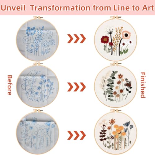 Herdiese Embroidery Kit for Beginners & Adults, 3 Floral Patterns & Hoop - color: Flower-E (3 Pack)