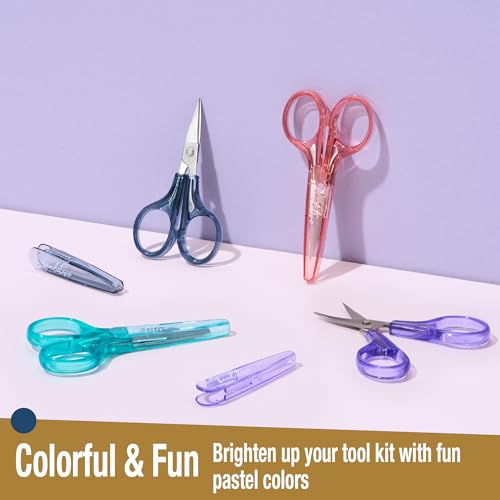 Beaditive Detail Craft Scissors Set (2 pcs) Curved and Straight, Sharp, Compact | Sewing, Embroidery, Paper Cutting, Crafting | Stainless Steel | Protective Cover (Blue&Pink) - color: Blue
