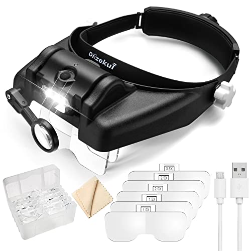 Dilzekui Magnifying Glass with Light 1X-14X, Rechargeable Headset Magnifier - color: Black