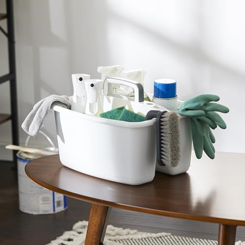 Gracious Living Storage Caddy, 2-Compartment Portable Plastic Tote with Handle for Cleaning Supplies, Craft Organization, & Makeup, White/Gray - size: 1 Pack