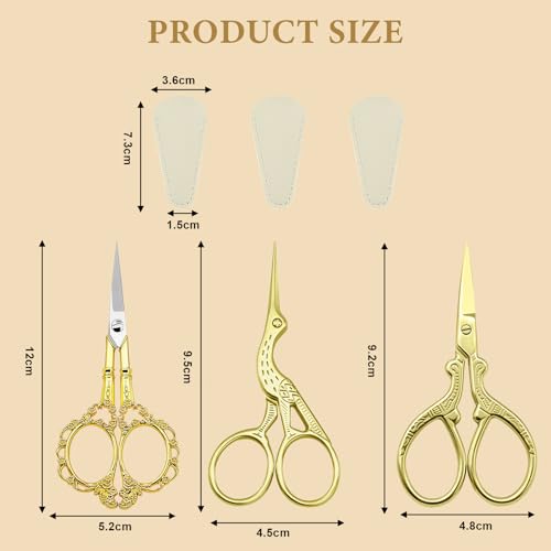 3 PCS Small Sharp Embroidery Scissors, Gold Stork Needlepoint Thread Snips with Cover, Yarn Scissors for Crocheting & Sewing