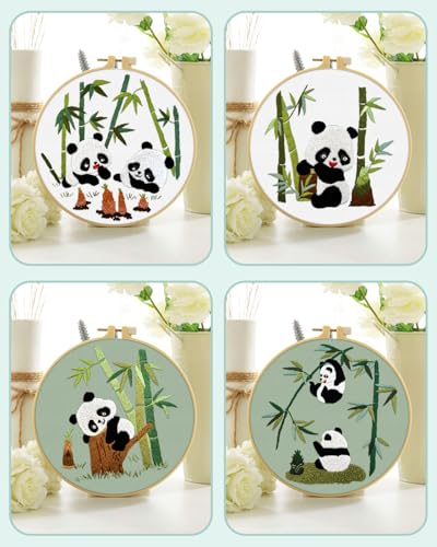 ERKOON 4 Sets Embroidery Kit for Beginners, Animal Cross Stitch Set for Adult Include Embroidery Cloth Hoops Threads for Craft Lover Hand Stitch (Panda) - color: Panda