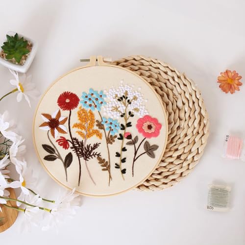 Smart-Feather 3 Sets Embroidery kit for Beginners, Hand Embroidery Kits for Adults with Hoop, DIY Art Project Craft Kit (Flower) - style: Flower