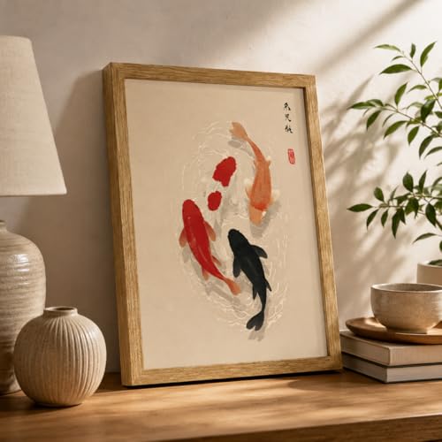 MBFBBD Japanese Koi Fish Framed Wall Art, Trendy Animal Aesthetic Print, Zen Vintage Koi Painting Picture Traditional Oriental Wall Decor for Living Room Meditation Room Bedroom 8x10in - color: Koi Fish, size: 10"L x 8"W