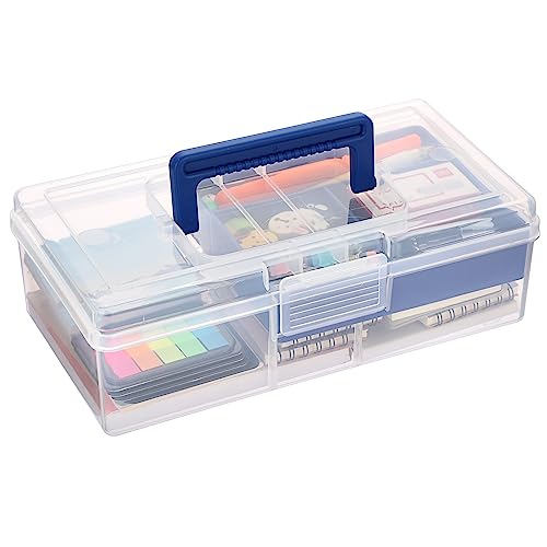 JUXYES Carry Craft Organizers Storage Box with Handle Lid and Diveded Tray - color: Blue, size: 1 Pack