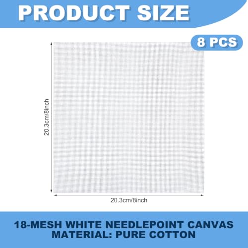 8 Pcs 18 Mesh Needlepoint Canvas 8" x 8" White Blank Embroidery Canvas 100% Cotton White Needlework Fabric Twist Interlock Line for Cross Stitch DIY Crafts Project Home Gift Decor - size: 8" X 8", style: 18 Mesh