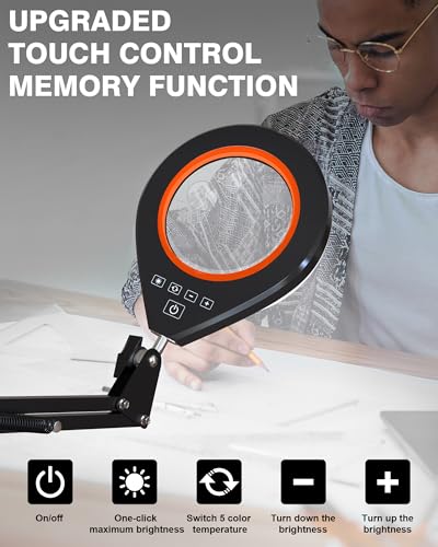Real Glass Magnifying Lamp, 10X/5X, 10 Brightness, LED, Long Arm, Orange - color: Orange