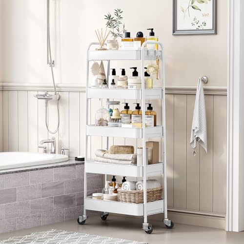 TOOLF 5-Tier Metal Rolling Cart with Wheels, Storage Utility Cart White - color: White, size: 5-Tier