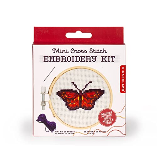Kikkerland DIY Mini Cross Stitch Butterfly Embroidery Craft Starter Kit Set, with Pattern Instructions, 3" Bamboo Hoop, Stress Relief, Adult Beginner Friendly - color: Bamboo, Polyester floss, 90% cotton 10% polyerster fabric