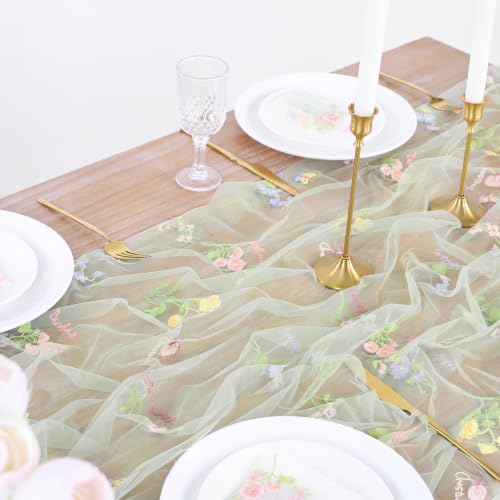 Floral Wildflower Tablecloth 60x120 Inches Sheer Sage Green Tulle Fabric - color: Sage Green, size: 60"x120", 1 Pc