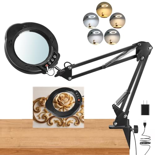12X Magnifying Glass with Light and Stand, 5 Color Modes Stepless Dimmable - color: Black01