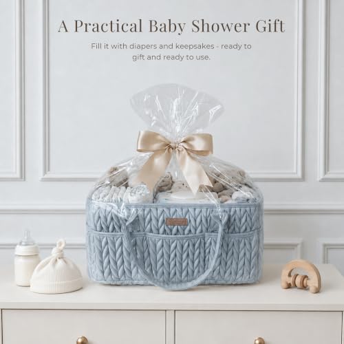 Konssy Baby Diaper Caddy Organizer, Braided Quilted Design with PU Handles - color: Baby Denim