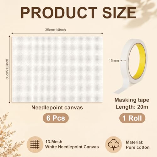 Moukeren 7 Pcs 12 x 14 Inches Needlepoint Canvas Starter Kit Include 13 Mesh Blank White Canvas and 1 Rolls Tape Pure Cotton Needlepoint Mesh for Embroidery DIY Knit Crochet Projects Make Dividers - size: 12 x 14 Inches