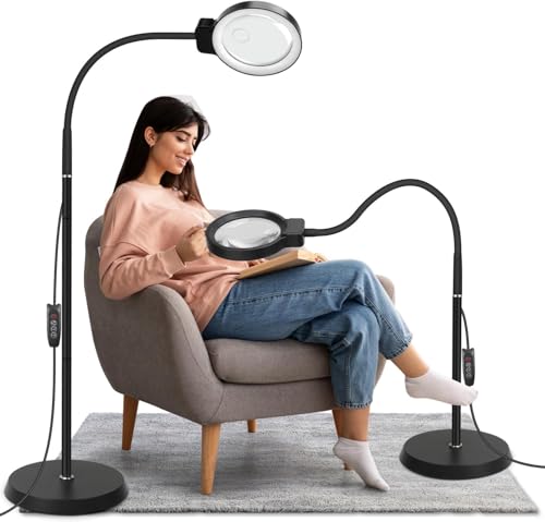 10X/30X Magnifying Glass with Light and Stand, 2-in-1 Magnifying Floor Lamp with 72 Adjustable Brightness LED Lamp Bulbs, Flexible Gooseneck Standing Magnifying Lamp for Close Work, Craft, Reading - color: Black