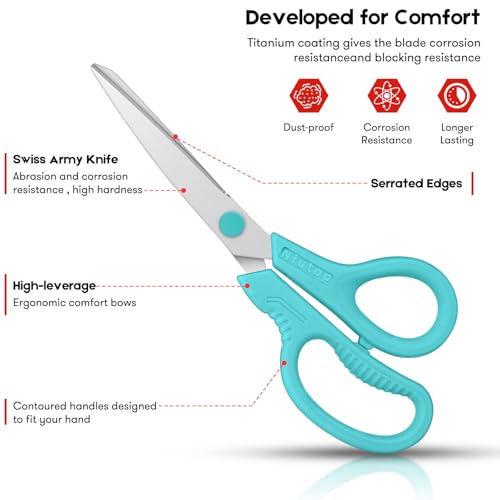 Scissors, Niutop 8" All Purpose Scissors Heavy Duty Ergonomic Comfort Grip Craft Shears Sharp Scissors for Office Home Household Sewing High/Middle School Students Teacher Art Craft DIY Supplies - color: Black/Grey/Aqua