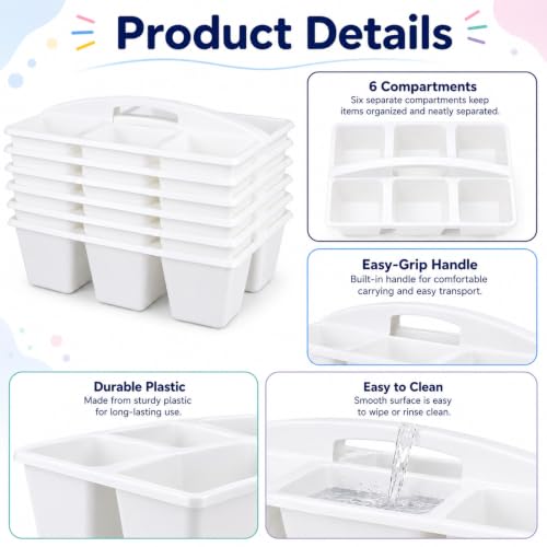 6 Pack Classroom Caddy with Handle, 6 Compartment (White) - color: White