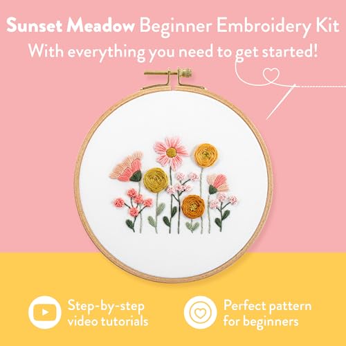 Clever Poppy Sunset Meadow Beginner Embroidery Kit – Easy Embroidery Kit for Beginners with Hoop, Thread & Patterns – Hand Embroidery Kit for Adults and Teens – Complete Embroidery Starter Kit