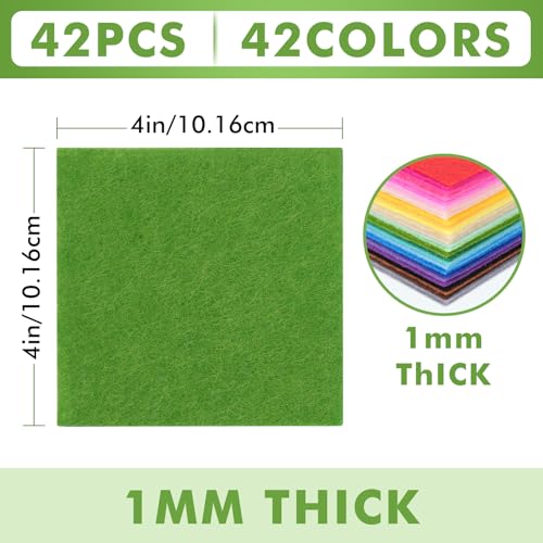 42 pcs Felt Fabric Sheet 4"x4" Assorted Color DIY Craft Squares Nonwoven 1mm Thick
