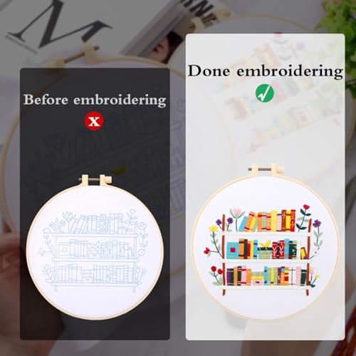 Embroidery Kit for Beginners, Needlepoint Kits for Adults with Bookshelf Stamped Pattern Hand Crafts, Adults Starter Cross Stitch Kit DIY Needlepoint with Hoop, Needles Stamped Patterns DIY Supplies - color: Bookshelf