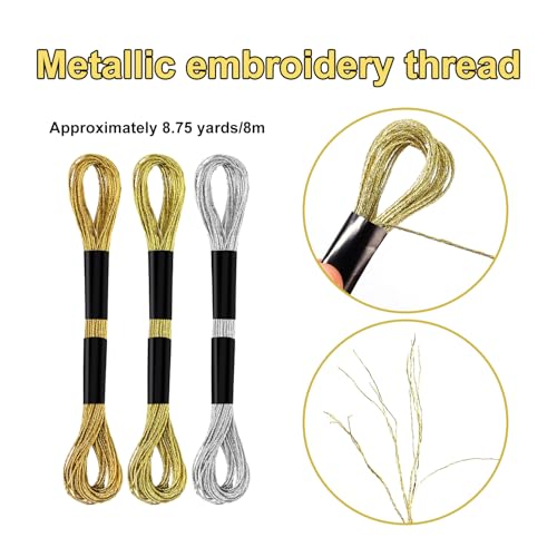 6 Skeins Metallic Embroidery Threads (Gold+Light Gold+Silver) - color: Gold+Light Gold+Silver