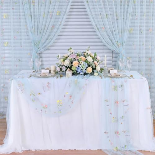 Flower Tulle Table Runner Gauze Centerpieces 10ft Embroidery Spring Lace - color: Baby Blue, size: 27"x120",3pcs