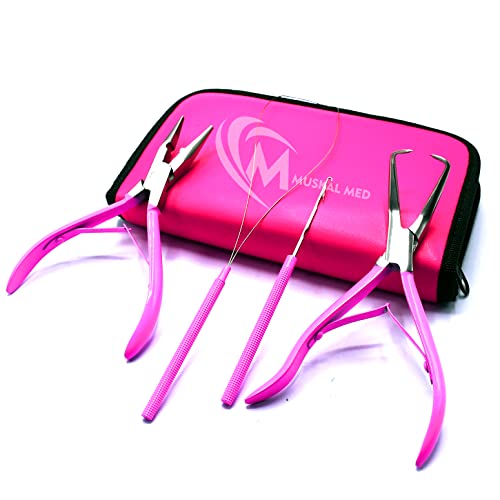 Professional Hair Extension & Beading Tool Kit Remove Plier Set for beads (4 Piece) I-Link Micro Ring Loop Needle Pulling Hook Threader Wire for Silicone Rings (Hot Pink) - color: Hot Pink