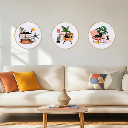 KEKEMEOW 3 Sets Embroidery Kit for Beginners, Stitches with Black Cat and Furniture, Embroidery Stitch Practice kit for Craft Lover, Needlepoint Hand Embroidery Kit with Pattern、Instruction、Hoop - color: Cat&Furnishings