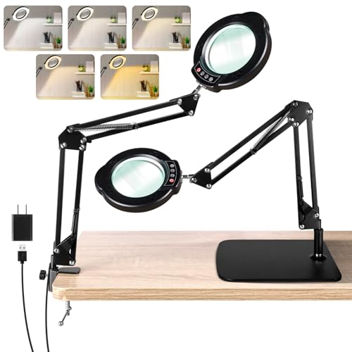 10X Magnifying Glass with Light and Stand, LED Desk Lamp with Base and Clamp, 5 Color Mode, 10 Dimmable Levels, Hands Free for Reading Crafts Jewelry Sewing Close Work - color: Black, size: Standard Base & Clamp