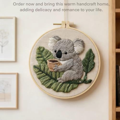 HCANPER Cute Koala Embroidery Starter Kit,DIY Needle Punch Kit, Punch Needle Kits for Beginners,Include Pre-Printed Fabric,Tools,Embroidery Hoop,Threads. (Coffee) - color: Coffee