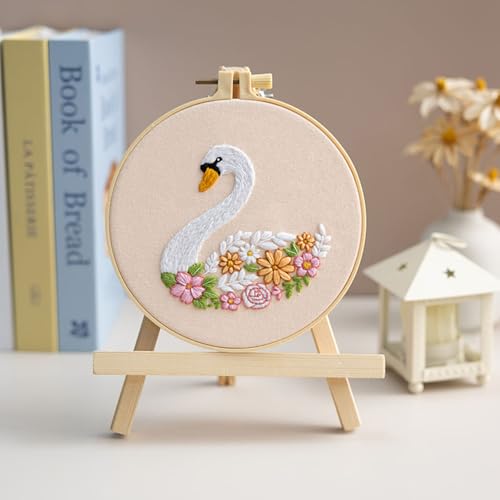 Louise Maelys Swan Floral Embroidery Kit for Beginners DIY Gift Set - color: Swan Flower