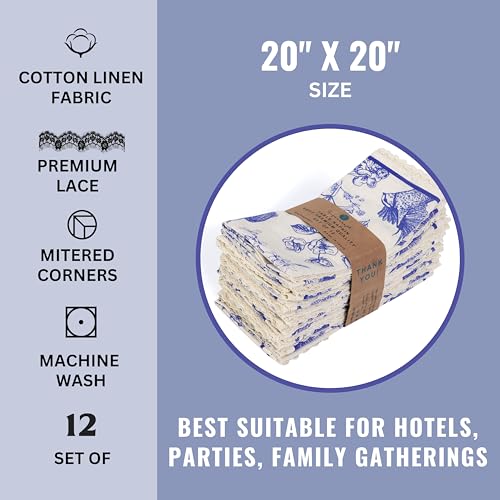 FINGERCRAFT Lace Cloth Napkins, Cotton Linen, 12 Pack, 20x20 Inch, Toile - color: Toile, size: 20" x 20" (Set of 12)