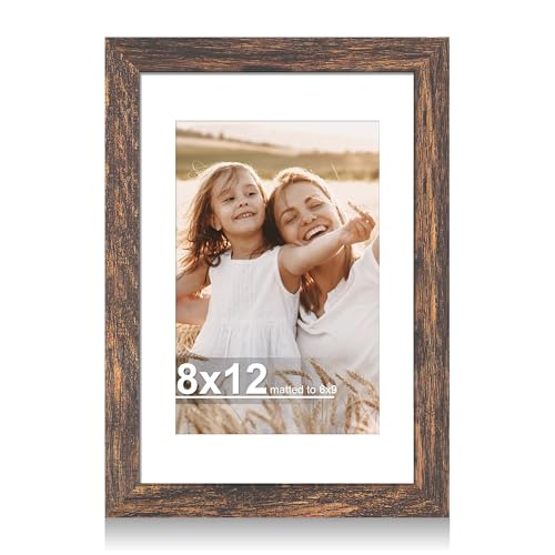 Hongkee 8x12 Picture Frame with Real Glass, Wood Frame 1 Pack(with Mat 6x9) - color: Rustic Brown, size: 8X12 in