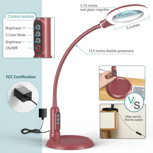 10X Magnifying Glass with Light and Clamp, 5 Color Modes Stepless Dimmable Lighted Magnifier with Stand, Flexible Gooseneck LED Desk Lamp Hands Free for Craft Painting Hobby Close Work - Red - color: Red, size: 10X