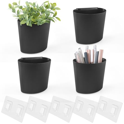 4 Pack Wall Caddy Pen Holders, Adhesive Wall Mount Hanging Bins Cups(Black) - color: Black