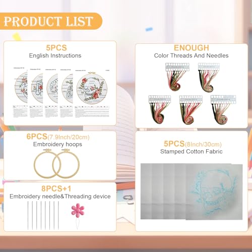 5 Sets Skull Embroidery Kits for Beginners Adults, Anatomy Embroidery Starter Kit for Doctors Nurses Christmas Gifts with Floral Stamped Pattern DIY Needlepoint Kit Cross Stitch Set Includes 2 Hoops - size: organ
