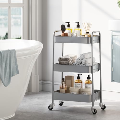 TOOLF 3 Tier Metal Rolling Cart, Utility Storage Cart with Wheels, Grey - color: Grey, size: 3-Tier