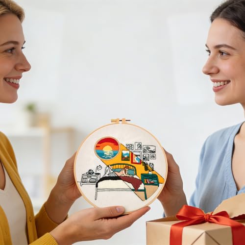 Embroidery Kits for Beginners Adults Sunrise Hand Embroidery Starter Kits, Cross Stitch Kits for Beginners DIY Craft Kits for Adults Women, Entire Set of Embroidery Supplies Full-length Video Tutorial - color: H2066
